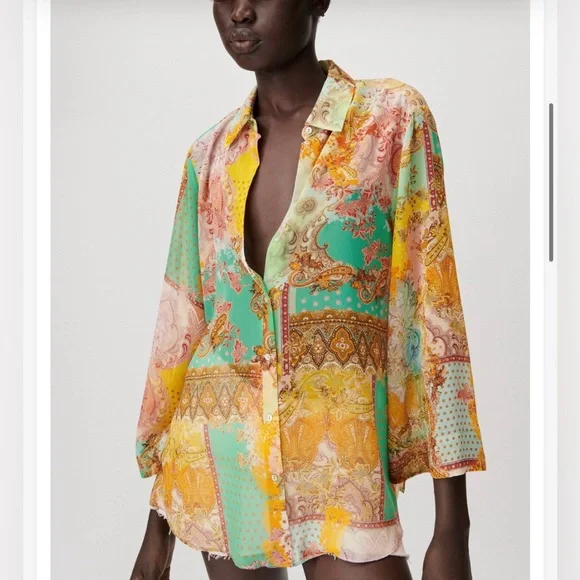 Zara sheer patch work button down shirt - Picture 4 of 11